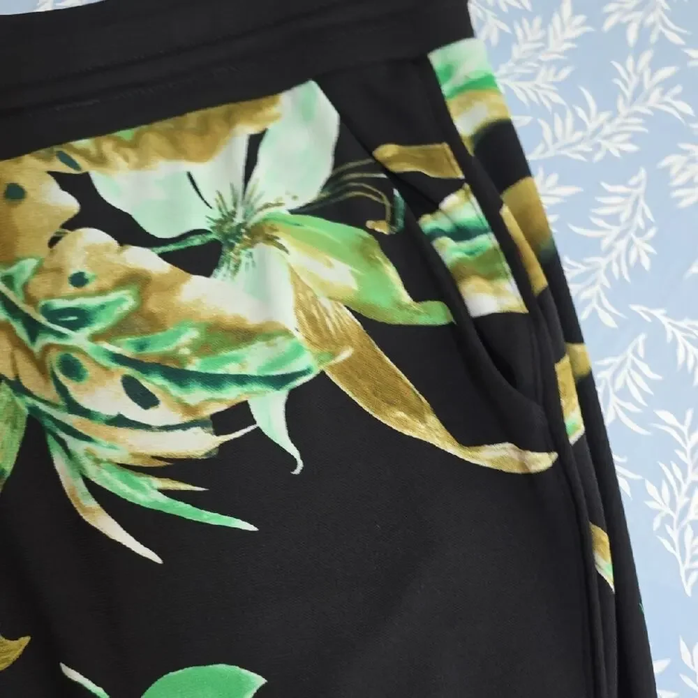 Lauren Ralph Lauren Womens Sz 2X Black Green Tropical Pockets Wide Leg Pants